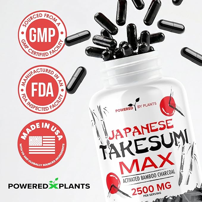 Takesumi Activated Charcoal Capsules 2500MG - Pure Activated Charcoal Supplement from Bamboo for Max Absorption, Detox & Gut Nutrition - 120 Vegetarian Capsules by Powered X Plants