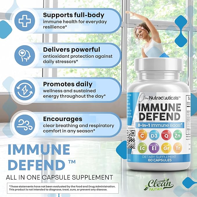 Immune Defense Support Supplement 8 in 1 w/ Zinc 50mg Quercetin, Vit C 1000mg, Vitamin D3 5000 IU, Elderberry, Turmeric Curcumin, Ginger, Echinacea - Immunity System Booster Adults Vegan - 60Ct (2)