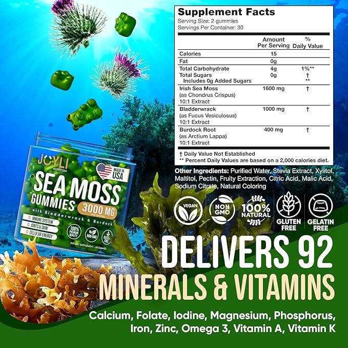 JOYLI Nutrition 2 Pack - Sea Moss Gummies for Adults & Kids – Vegan Irish Sea Moss Supplement with Bladderwrack & Burdock Root – Sugar-Free Immune Support Supplements - 60 Gummy Bears per Pack