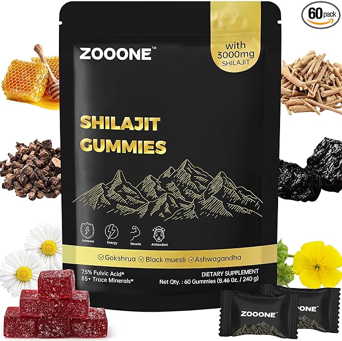 zooone Shilajit Himalayan Gummies with Ashwagandha & Black Musli Gokshura - Natural Energy No Artificial Fillers, Individual Packaging
