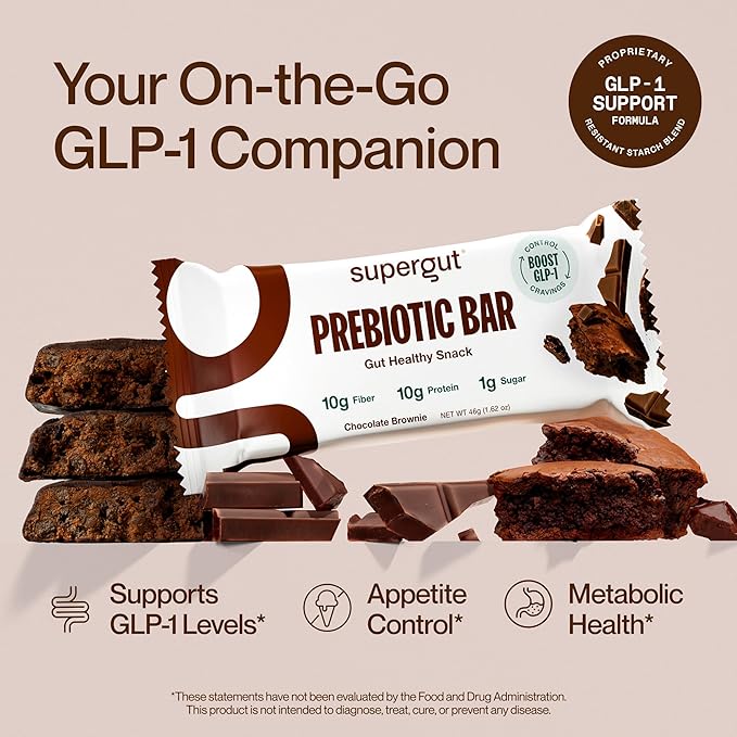 Supergut GLP-1 Boosting Prebiotic Bars, Chocolate Brownie - Gut Healthy Protein Snacks & Breakfast Bars - Keto-Friendly Meal Replacement Energy Bars (12 Count)