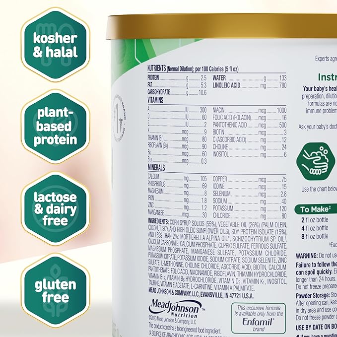 Enfamil Prosobee Plant based Baby Formula, for Sensitive Tummies, Soy-based Plant Sourced Protein, Vitamins for Immune Support, Lactose-free, Milk free, Gluten free, 20.9 Oz Can, 4 Count