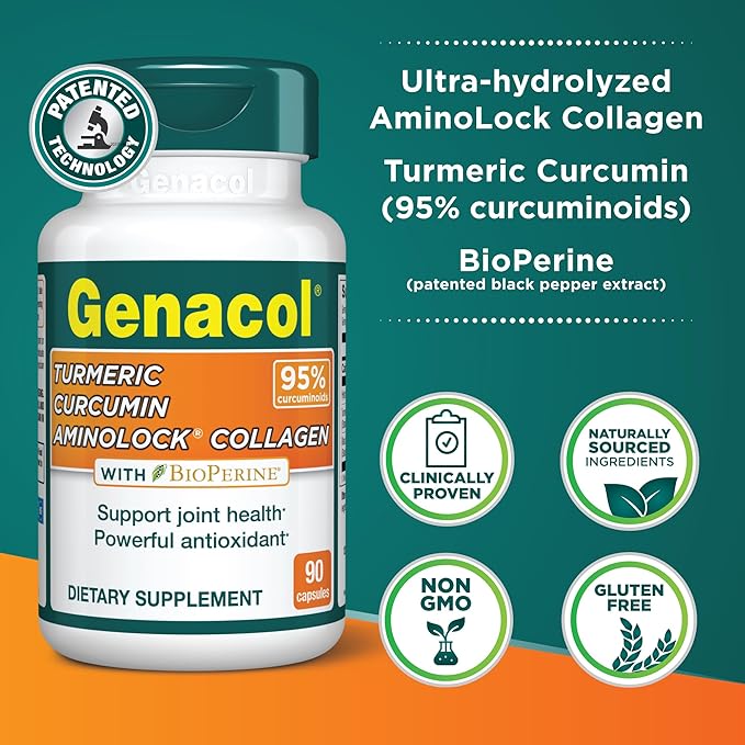 Genacol Turmeric Curcumin, Ultra-Hydrolyzed Collagen Peptides Supplement with Black Pepper Extract (BioPerine), Soothe Your Joints, Enhanced Absorption, 90 Capsules (30-Day Supply)