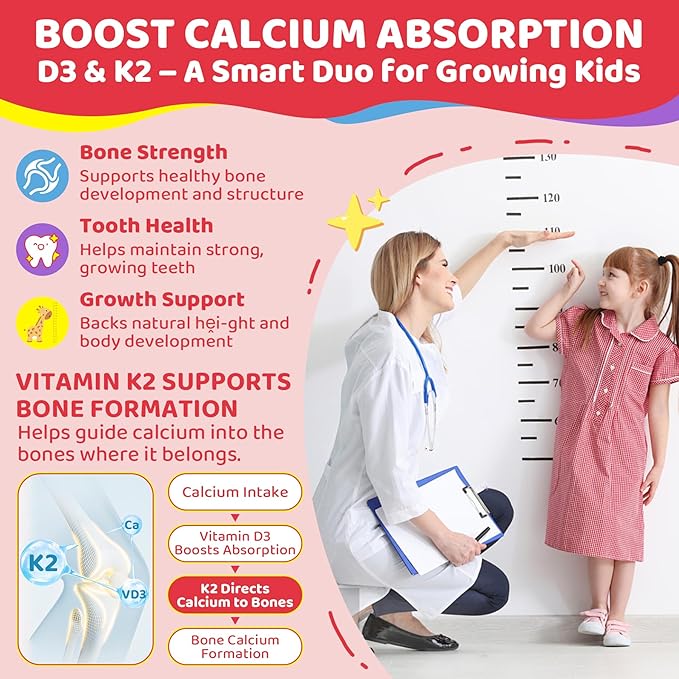 Vitamin D3 K2 + Calcium Liquid-filled Gummies for Kids & Teens, 1000IU / 2000IU D3 with Magnesium, Algal Omega 3, Kids Vitamins for Bones & Teeth, Calcium Absorption, Brain, Immune, Sugar-Free, 2Pack