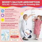 Vitamin D3 K2 + Calcium Liquid-filled Gummies for Kids & Teens, 1000IU / 2000IU D3 with Magnesium, Algal Omega 3, Kids Vitamins for Bones & Teeth, Calcium Absorption, Brain, Immune, Sugar-Free, 2Pack