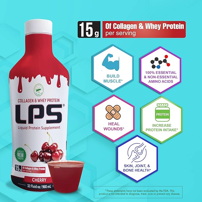 Nutritional Designs LPS Liquid Collagen & Whey Protein Supplement - Non-GMO Drink, Sugar-Free - Promotes Healthy Skin & Hair for Men & Women, Single Serve (Cherry, 50 Packets)