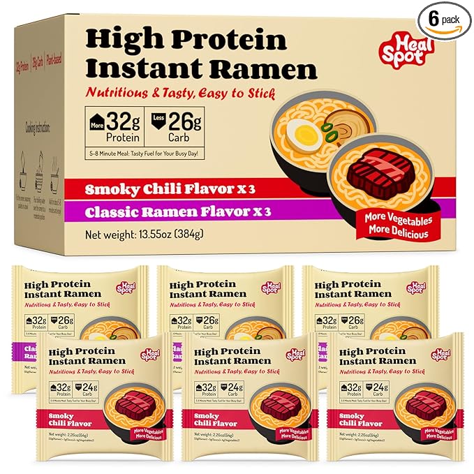 Healspot High Protein Instant Ramen Variety Pack, 6 Pack Non Fried Ramen Broth, 32g Plant Based Protein, Low Fat, Low Carb, Non GMO, Keto Friendly & Plant Based (Smoky-Beef,Classic-Pork)