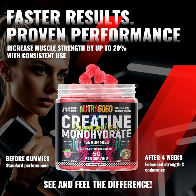 NSF Certified Creatine Gummy - Creatine Monohydrate Gummies for Men & Women-5g of Creatine Monohydrate per Serving - Sugar Free,Vegan, Strawberry Electrolyte Chews, 135 Count