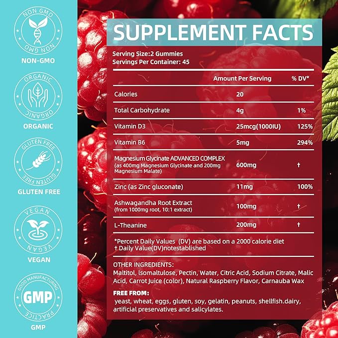 90 Count Magnesium Glycinate Gummies 400 mg - Sugar Free Magnesium Supplement for Adults with Glycinate & Malate, L-Theanine, Ashwagandha, Zinc, Vitamin B6 & D3, Supports Relaxation & Sleep