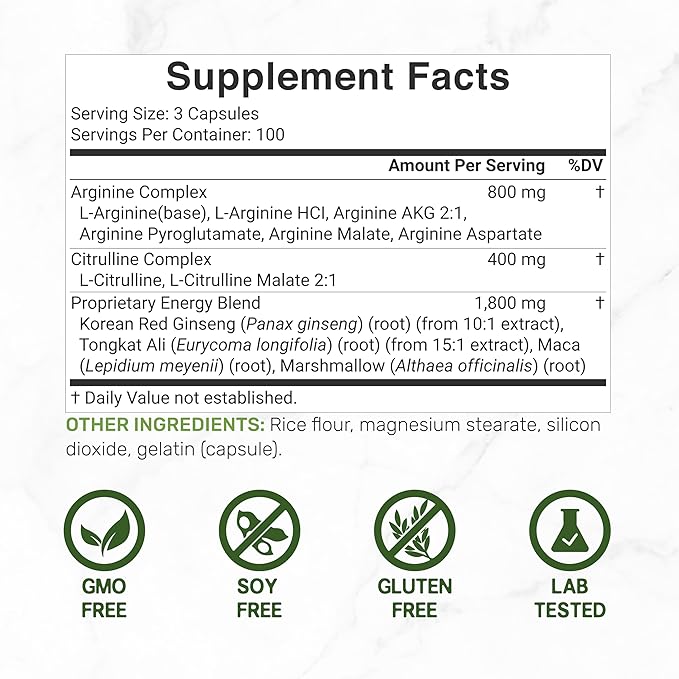 Nitric Oxide Supplement 3,000mg, 300 Capsules | 12-in-1 Complex for Men & Women – Arginine, Citrulline, Korean Red Ginseng, Tongkat Ali, Maca Root, & Marshmallow Blend*