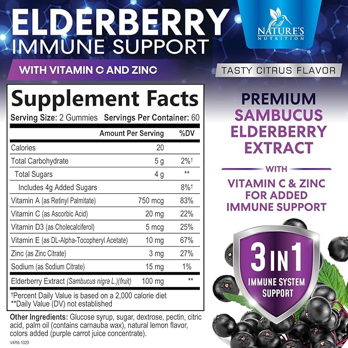 Elderberry Gummies - Black Elderberry Extract Immune Support Gummy with Vitamin C, D3 and Zinc - Sambucus Immune Health Support Supplement for Kids & Adults, Black Elder Berry Vitamins - 120 Gummies
