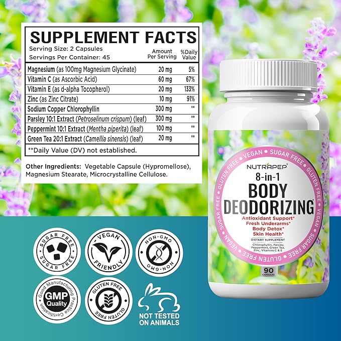 Body Deodorizing Supplement - Odor Eliminator & Internal Deodorant Pills for Fresh Breath Skin Health & Detox - Full Body Deodorizer Capsules with Chlorophyll Complex Vitamins for Women Men