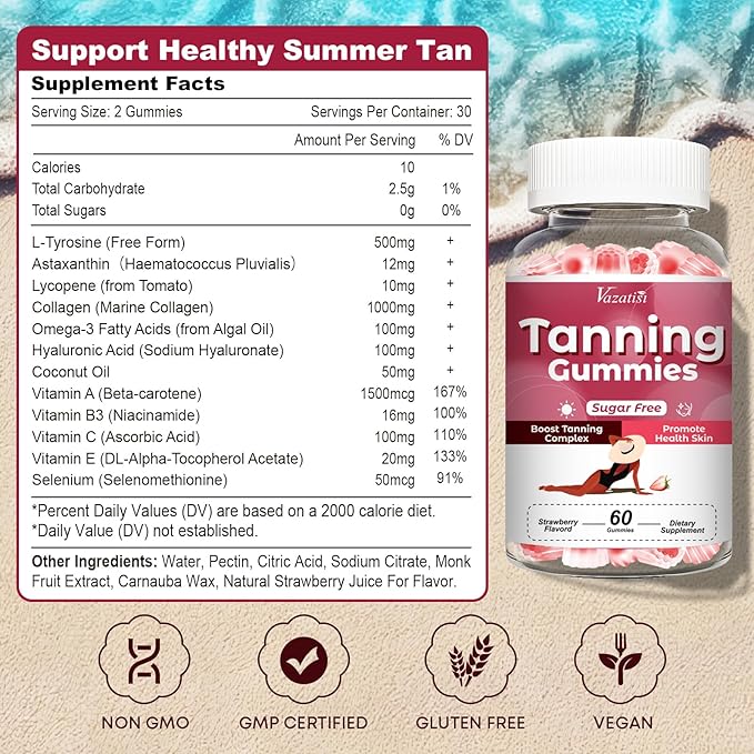 Sugar Free Tanning Gummies for Women, Supports Radiant Tan & Healthy Skin, Extra Strength with Astaxanthin Lycopene Beta Carotene and Vitamins - Supports Faster Tanning, Strawberry Flavored, 60 Count