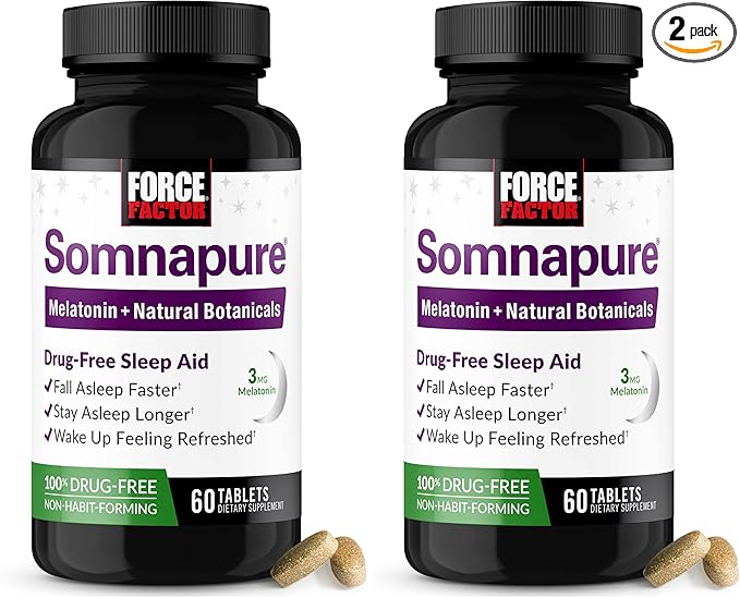 Force Factor Somnapure Drug-Free Sleep Aid for Adults for Occasional Sleeplessness with Melatonin & Valerian, Non-Habit-Forming Sleeping Pills, Wake Up Refreshed, 60 Tablets (Pack of 2)