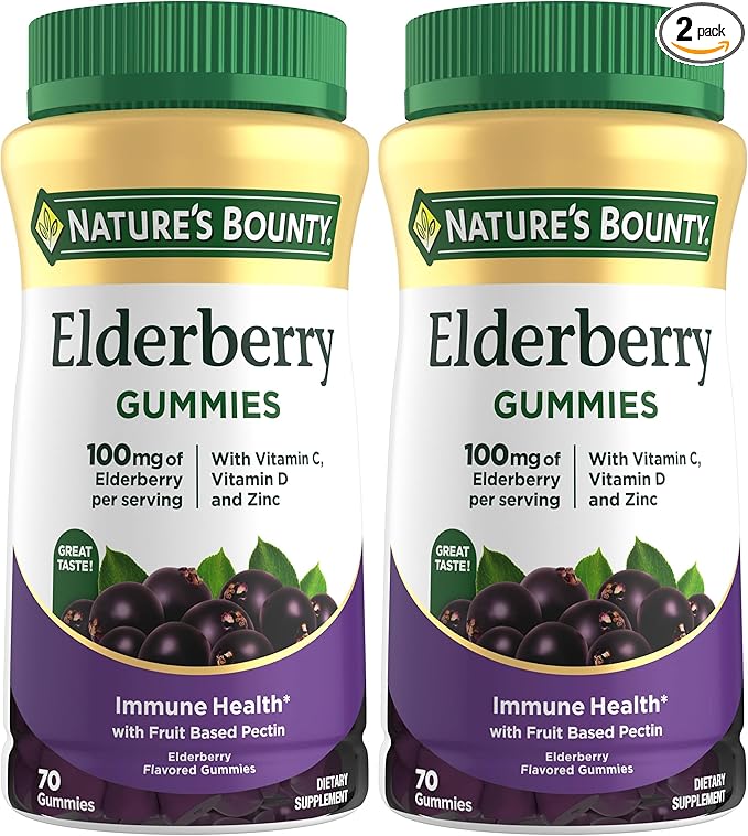 Nature's Bounty Elderberry Gummies, Dietary Supplement, Supports Immune Health, Contains Vitamin A, C, D, E and Zinc, 100 mg, 70 Gummies (Pack of 2)