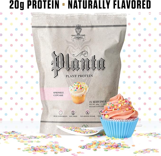Ambrosia Planta - Plant-Based Protein Powder 20g | Dairy Free Vegan Protein Powder with BCAA Amino Acids | Keto-Friendly, No Added Sugar | 25 Servings | Sprinkle Cupcake