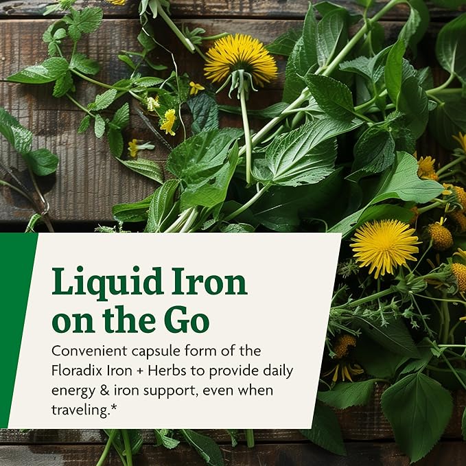 Floradix Iron + Herbs - Iron Supplement for Healthy Energy Support* - Supports Red Blood Cell Formation - Vegan, Non-GMO, Gluten-Free, Soy-Free - 120 Liquid Phyto-Caps