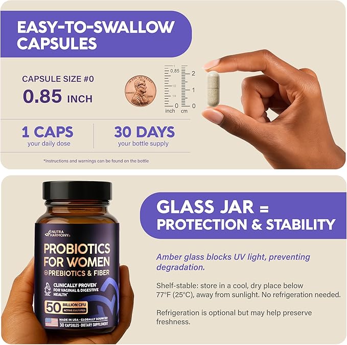 Probiotics for Women 50 Billion CFU - Vaginal Probiotics Clinically Proven for Yeast & pH Balance - Digestion & Bloating Relief - 8 Strains + Prebiotics - Delay Release - Made in USA, 30 Capsules