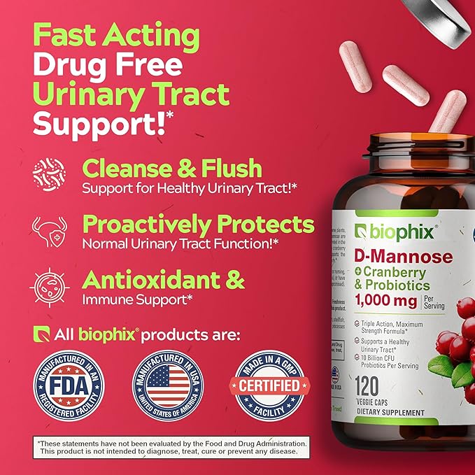 biophix D-Mannose 1000mg Capsules with Cranberry & Probiotics - D Mannose Supplements for Women - D-Mannose Pills for Urinary Tract & Bladder Health Support - Digestive Well-Being - 120 Vcaps 2 Pack