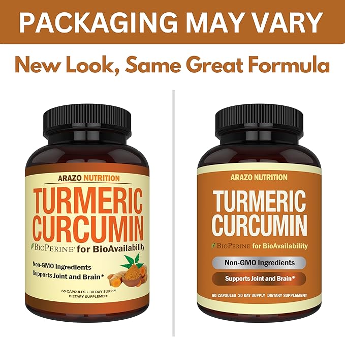 Arazo Nutrition Turmeric Curcumin with BioPerine Black Pepper Extract - 1300mg Per Serving - Joint Support Nutritional Supplements - 100% Herbal Tumeric Root Capsules