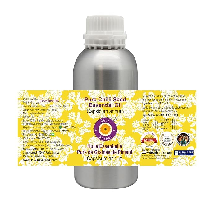Deve Herbes Pure Chilli Seed Essential Oil (Capsicum annum) Steam Distilled 300ml (10 oz)
