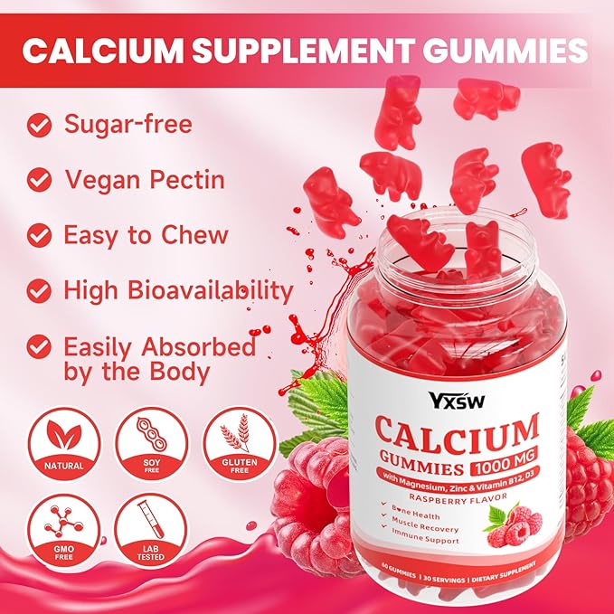 Calcium Gummies 1000mg with Vitamin D3 K2 & B12 Complex, High Absorption Potassium, Calcium Magnesium Zinc Supplement for Bone, Muscle, Mood and Immunity Support, Raspberry Flavor, 60 Count
