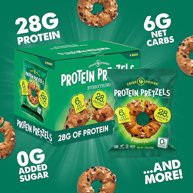 CRISP POWER Protein Pretzels, Everything, 28G Protein, High Protein Snack, High Fiber, Low Carb Crunchy Pretzel Snacks, No Added Sugar, 1.75 oz Bags, 24 Pack, Vegan, Keto