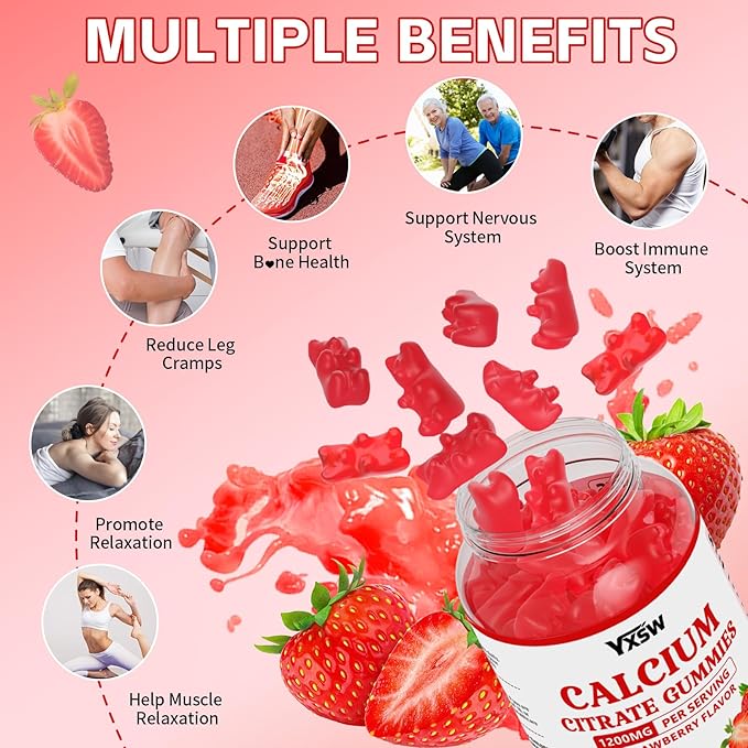 Calcium Citrate Gummies 1200mg, Chewable Calcium Supplement for Women & Men, Sugar Free Calcium for Bone, Muscle & Immune Support, Gluten Free, Vegan, Non-GMO, Strawberry Flavor, 120 Count