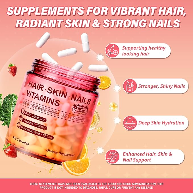 Hair Skin and Nails Vitamins – Biotin, Hyaluronic Acid, Calcium AKG, Vitamin C & Vitamin D3 K2 – Support Healthy Hair Growth, Strong Nails & Radiant Skin - 120 Capsules (1 Pack)