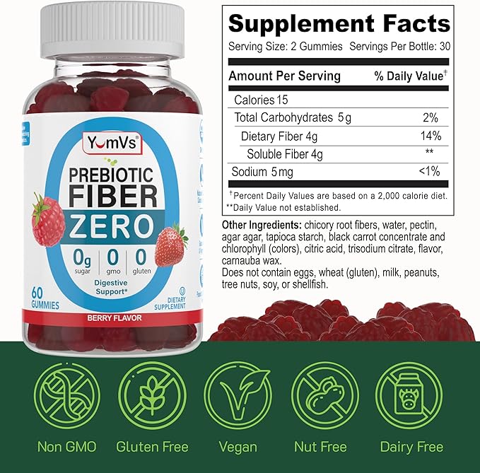 YumVs Sugar Free Fiber Gummies for Adults – 4g Prebiotic Fiber Supplement Gummies for Gut & Digestive Health – Keto Friendly, Vegan, Gluten Free, Non-GMO – Great Tasting Berry Flavor – 60 Count