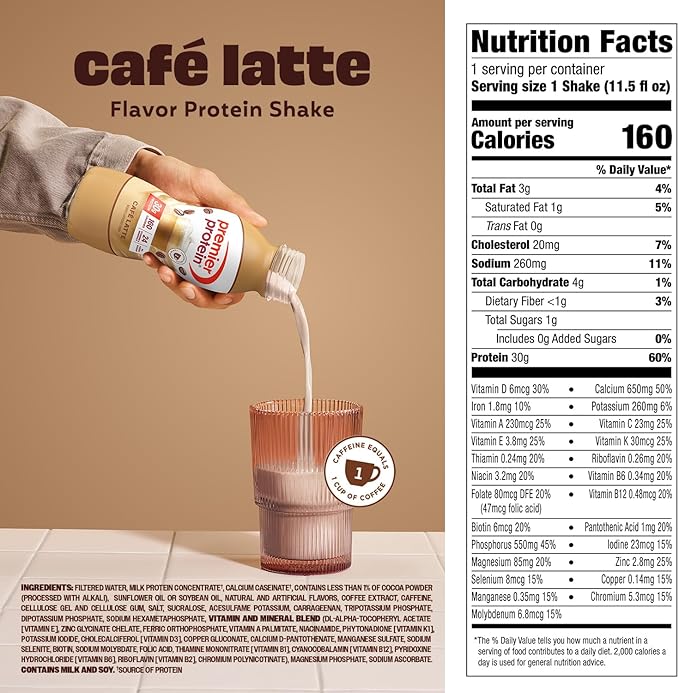 Premier Protein Shake, Café Latte, 30g Protein, No Added Sugar, 24 Vitamins & Minerals to Support Immune Health, 11.5 fl oz, 12 Pack (Packaging May Vary)