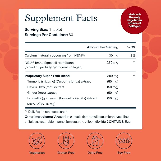 Youtheory Joint Collagen - Vegetarian Collagen Supplement with NEM Eggshell Membrane & Boswellia Extract - Dairy, Soy & Gluten Free - 60 Vegetarian Capsules