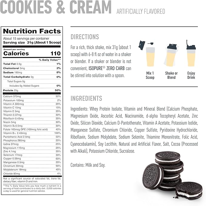 Isopure Zero Carb 100% Pure Whey Isolate Protein Powder, Gluten Free, With Vitamins, Cookies & Cream, 25g Protein Per Serving, 1 Lb, 15 Servings (Packaging May Vary)