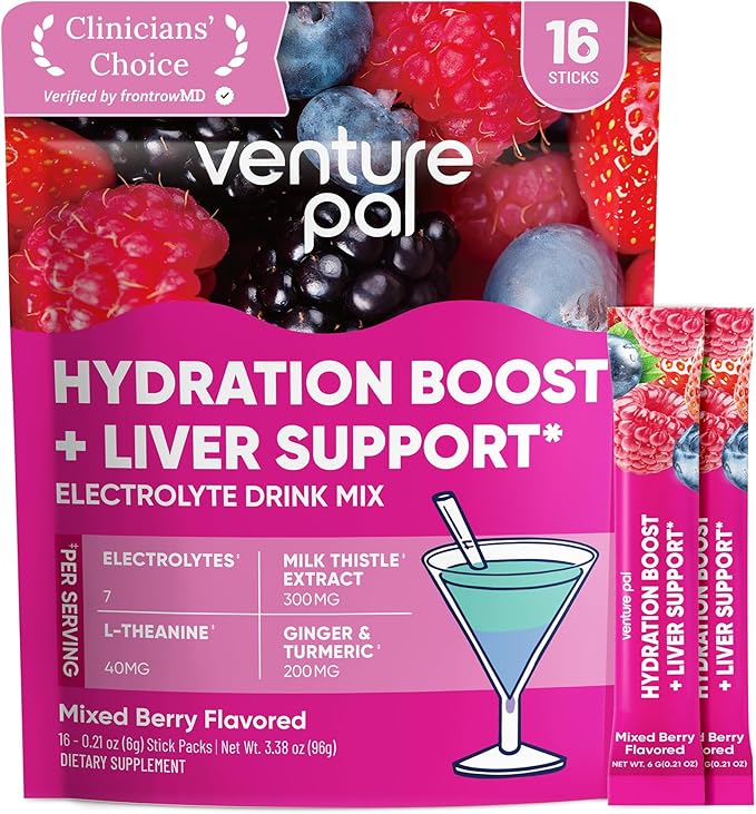 Venture Pal Hydration Packets + Liver Support- Liquid Daily IV Electrolyte Powder Packets with 7 Electrolytes & 5 Vitamins, Milk Thistle + L-Theanine | Sugar-Free | Keto Friendly | Vegan, 16 Sticks