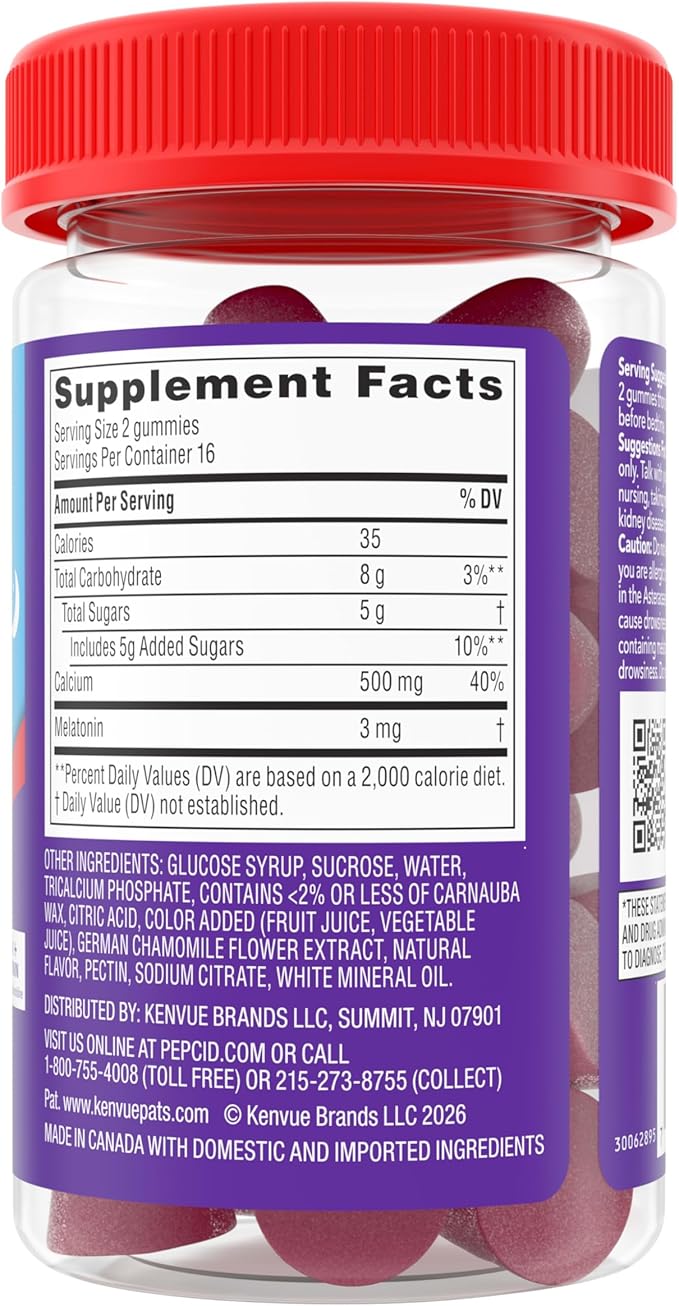 Pepcid Soothing Gummies, Heartburn Relief + Sleep Support Gummies Help Occasional Heartburn, Upset Stomach, Acid Indigestion + Sleeplessness, Calcium & Melatonin, Strawberry, 32 ct