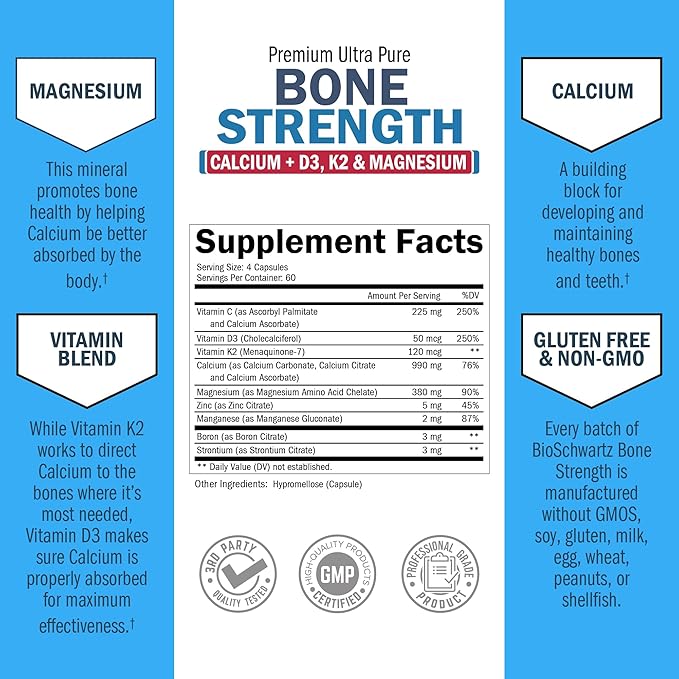 BioSchwartz Bone Strength Supplement - Gentle Non-Constipating Bone Health Supplement for Women & Men with 9-in-1 Complex with Calcium Magnesium Zinc D3 K2 & More - 3rd Party Tested - 2 Months