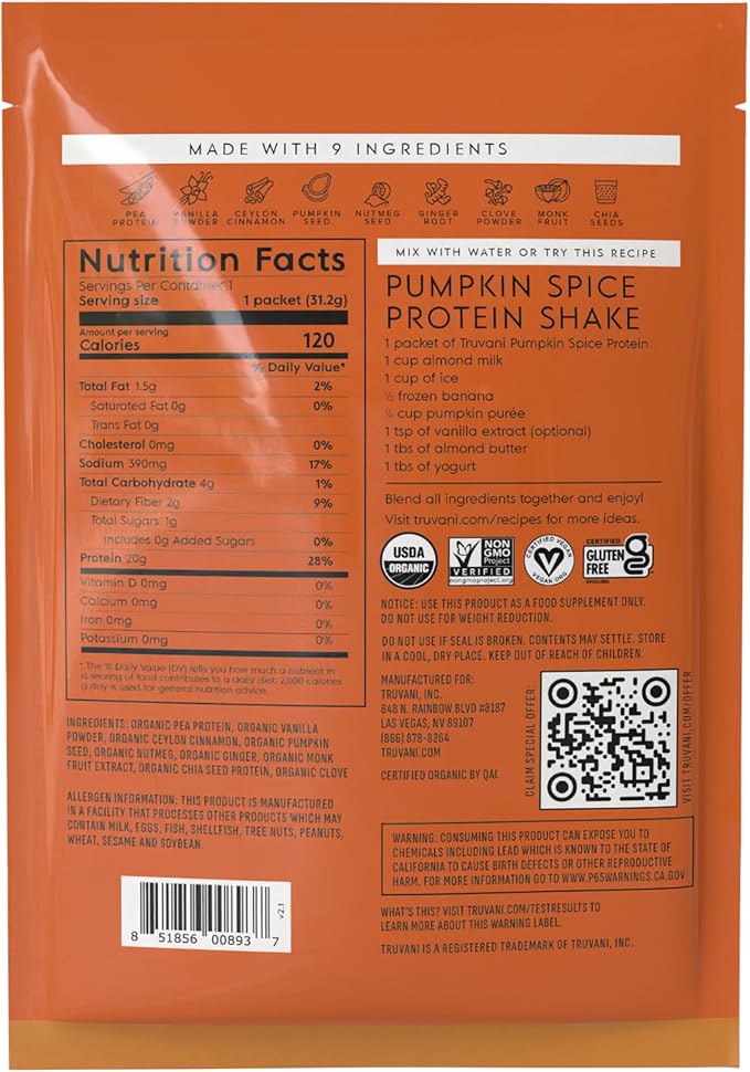 Truvani Vegan Pea Protein Powder | Pumpkin Spice | 20g Organic Plant Based Protein | 1 Serving | Keto | Gluten & Dairy Free | Low Carb | No Added Sugar