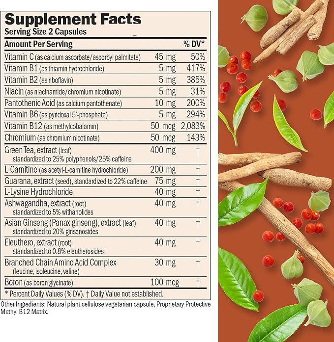 ANDREW LESSMAN Energy and Fat Metabolism Factors 180 Capsules - Promotes Optimum Fat Burning and Energy Metabolism, with Carnitine, Green Tea, Guarana, Ginseng, B-Complex. Easy to Swallow Capsules