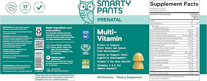SmartyPants Prenatal Vitamins for Women, Multivitamin Gummies: Pre and Postnatal Vitamins, Biotin, Methylfolate,Vitamin D3,C,Vitamin B12, B6, A, K & Zinc, Inositol,60 Count (30 Day Supply) (Pack of 2)