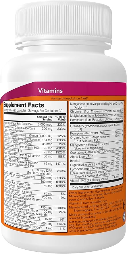 NOW Foods Supplements, Eve™ Women's Multivitamin with Cranberry, Alpha Lipoic Acid and CoQ10, plus Superfruits - Pomegranate, Acai & Mangosteen, Iron-Free, 120 Veg Capsules