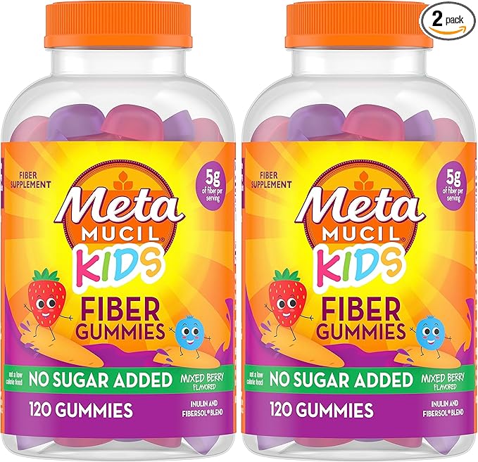 Metamucil Kids Fiber Gummies, No Sugar Added, 5g Prebiotic Plant-Based Fiber Supplement Blend, Mixed Berry Flavored, 120ct Gummies, (Pack of 2)