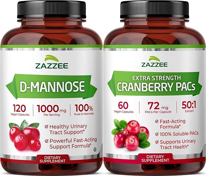 Zazzee Ultimate Urinary Tract Support Bundle | Super Concentrated Proanthocyanidin Cranberry Extract Capsules Plus D-Mannose 1000mg Capsules for UT & Bladder Cleansing (60 Servings Each)