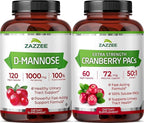 Zazzee Ultimate Urinary Tract Support Bundle | Super Concentrated Proanthocyanidin Cranberry Extract Capsules Plus D-Mannose 1000mg Capsules for UT & Bladder Cleansing (60 Servings Each)