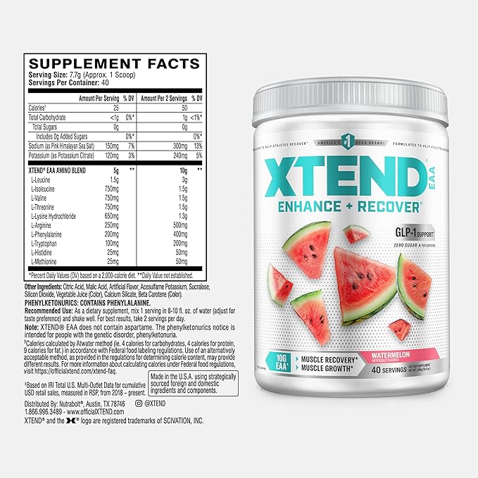 Scivation XTEND EAA + BCAA Powder | Muscle Recovery & Lean Muscle Growth | 9 Essential Amino Acids for Intra Workout or Post Workout Recovery | 10g EAAs Per 2 Servings | Watermelon 40 Servings