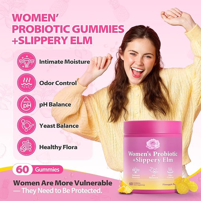 Her Juicy Feminine Probiotics Gummies with Slippery Elm Supports pH Balance Gut Health & Immune System Promote Vaginal Health for Women 120 Pineapple Gummies