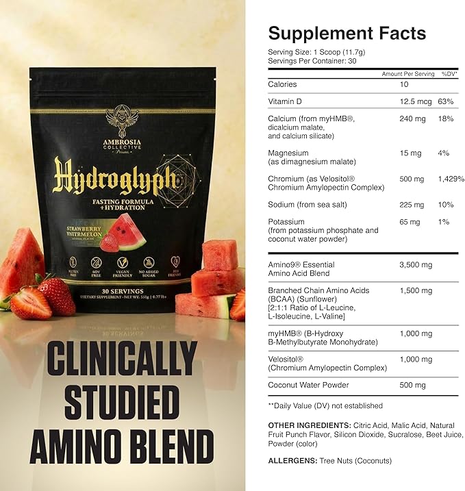 Ambrosia Hydroglyph Fasting Electrolytes Powder | Hydration Drink Mix with Amino Acids | Sugar Free Electrolyte Powder for Fasting & Intra Workout | 30 Servings, Strawberry Watermelon