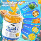 Vegan Omega-3 Gummies 500mg, Omega 3 Fish Oil Alternative for Adults with Plant-Based EPA & DHA & Vitamin A, C, E for Brain, Eye & Immune Health, Sugar Free, Mango Flavor, 60 Count