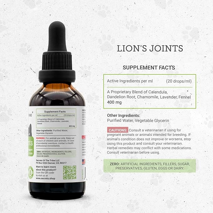Lion's Joints | Natural Herbal Dietary Supplement for Cats | Healthy Joints Support in Cats | Alcohol-Free Extract, Calendula, Dandelion Root, Chamomile, Lavender, Fennel 2 oz