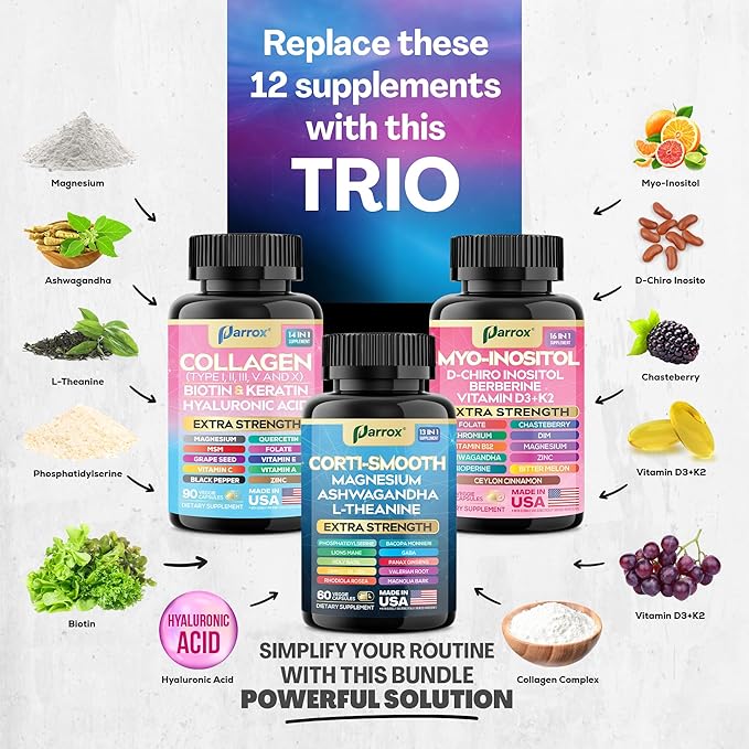 She Shines Set - Collagen Peptides Types I, II, III, V, X, Biotin, Keratin, Myo Inositol & D-Chiro Inositol, Berberine, Cortisol Support, Magnesium, Ashwagandha, L-Theanine, Lions Mane