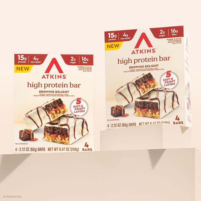 Atkins High Protein Bars, Brownie Delight Flavor, 15g of Protein, 4g Net Carbs, Keto Protein Bars, Low Sugar, 4 Count